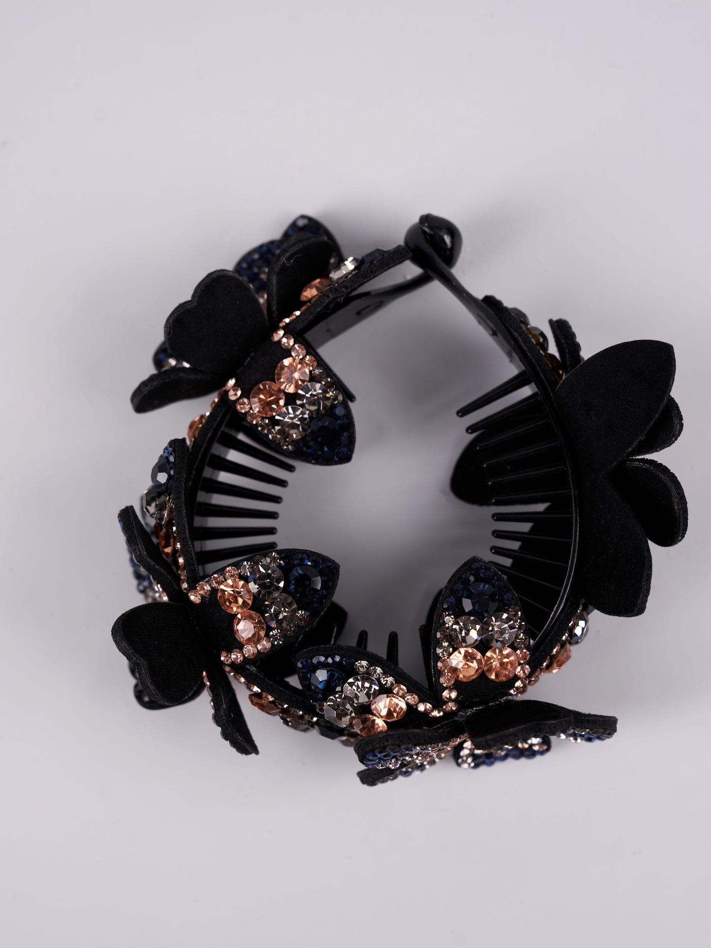 Rhinestone Bun Clip "Black Flower"