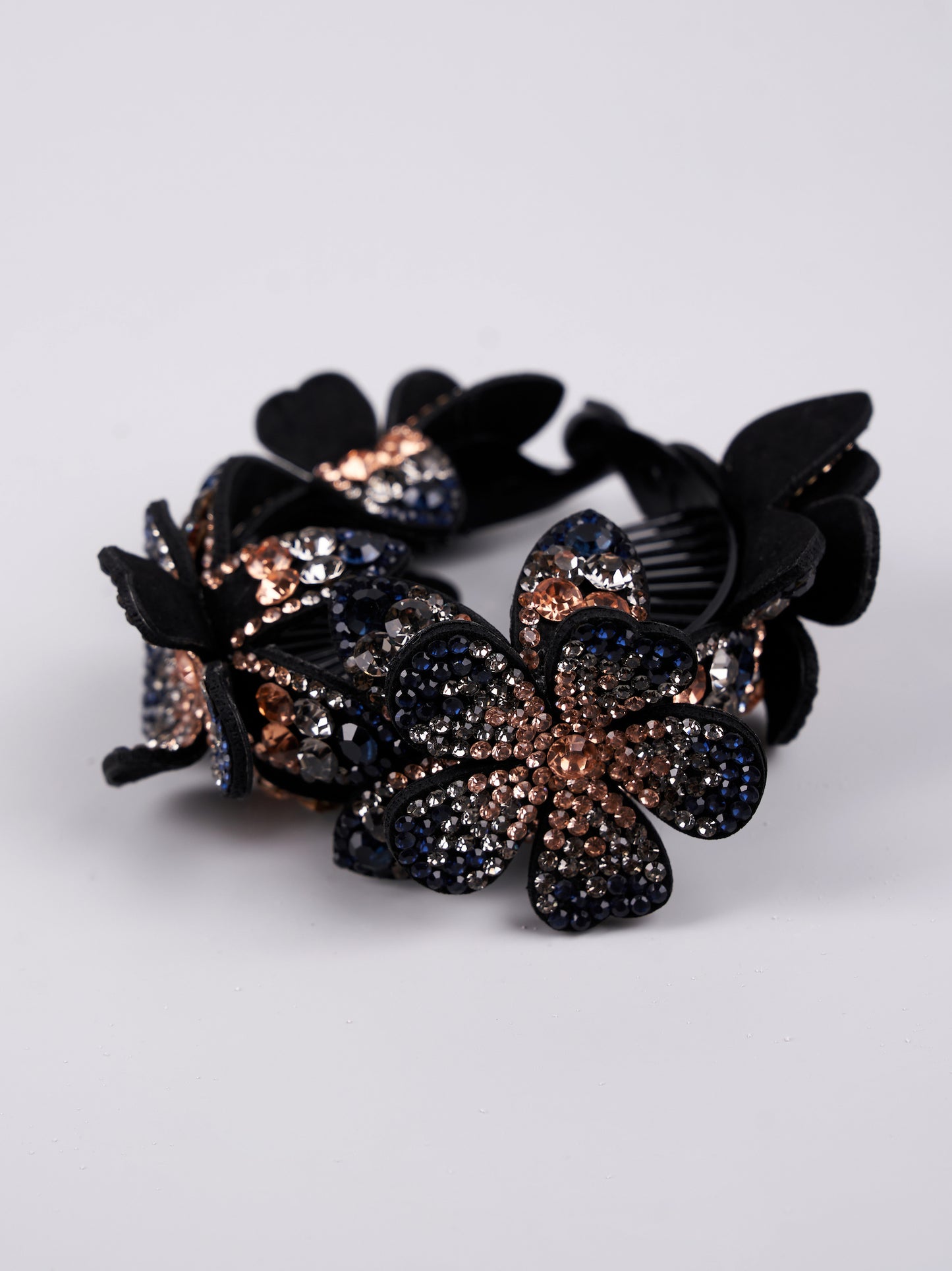 Rhinestone Bun Clip "Black Flower"